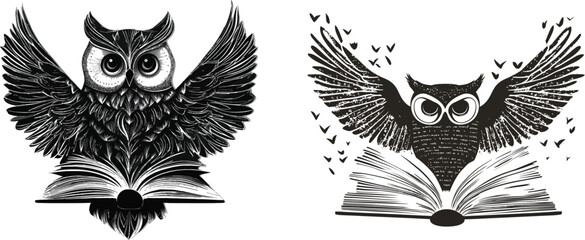 Fototapeta premium Owl wings shaped like open books set silhouette vector
