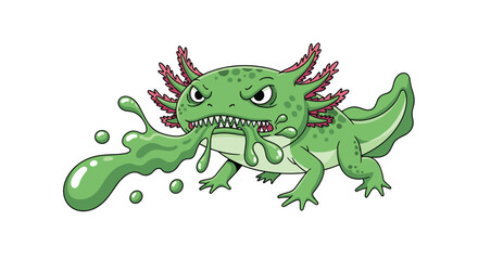 Fierce cartoon axolotl spitting a green slimy substance with a menacing expression.