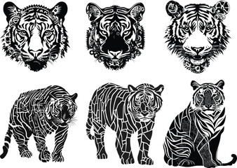 Tiger face merged with mechanical gears set silhouette vector