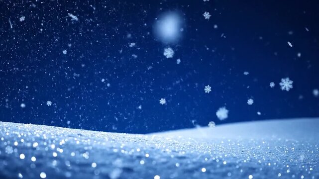 Wintery scene snowflakes falling over snow-covered ground against a dark blue sky