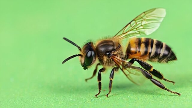 Close up shot of a bee with transparent wings on a green surface with visible legs and antennae bee green screen video