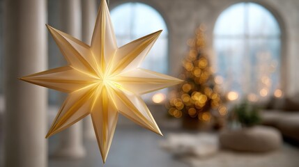 Close-up of a golden star hanging from a string in a room with arched windows and a christmas tree in the background. the star is made of paper and has a star-like shape with six points.