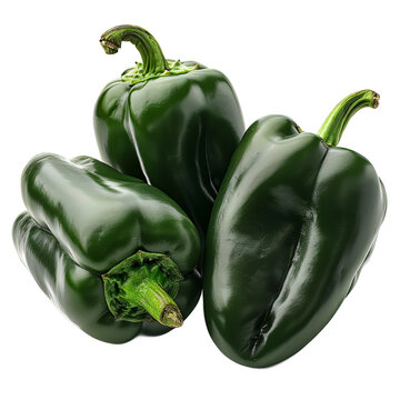 A group of three poblano peppers arranged together in a close up view on transparent background
