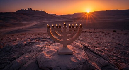 Hanukkah menorah with lit candles against desert sunset. Celebration banner or greeting card. Holiday of light concept for invitations, Jewish heritage, Judaism themes.