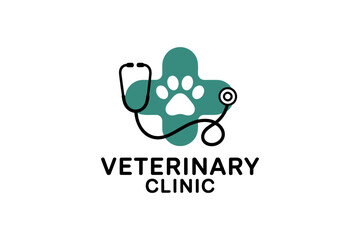 Fototapeta premium Veterinary clinic logo featuring a stethoscope and paw print on a cross.