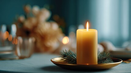 Close-up of a single orange candle on a gold plate. the candle is lit and the flame is visible.