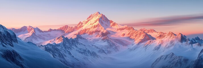 Fototapeta premium A breathtaking mountain landscape with snow-capped peaks illuminated by soft morning light, showcasing dramatic elevations and serene beauty.
