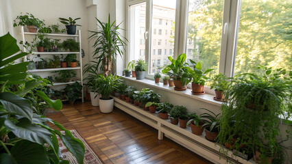 Sunlit balcony filled with lush green houseplants on shelves and windowsill