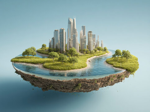 Floating city island, modern metropolis, green landscape - Powered by Adobe