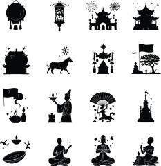 Fototapeta premium Collection of sixteen black silhouette icons featuring cultural and spiritual symbols and figures