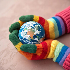 Hands wearing rainbow striped mittens holding a small globe