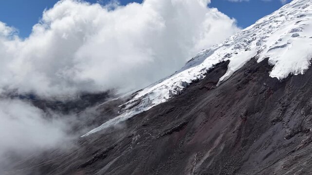 Aerial Drone Flight Over Snowy Summit of Cotopaxi Volcano, Ecuador - Majestic Landscape, Nature Power, Travel Destination