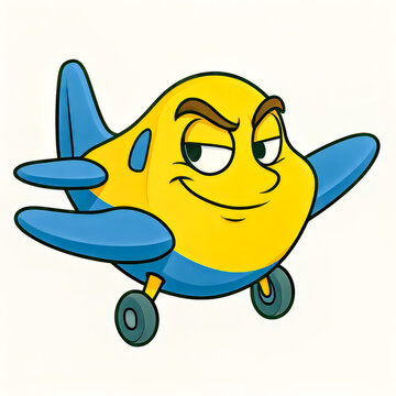 Cheeky cartoon yellow blue airplane character with sly smirk and narrowed eyes, isolated on white background, high resolution art