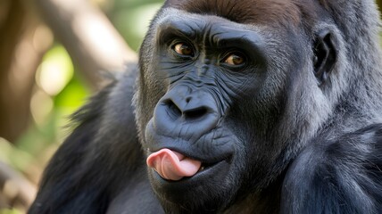 Obraz premium Closeup portrait of a gorilla with its tongue sticking out, capturing a moment of playful expression in its natural habitat