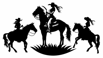 Dynamic silhouette of cowgirls riding horses, evoking freedom and western spirit, perfect for adventure themes and independent woman concepts in travel and design