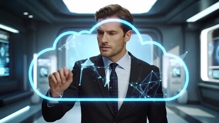 Businessman interacting with cloud data concept in futuristic environment, technology use illustration - Powered by Adobe