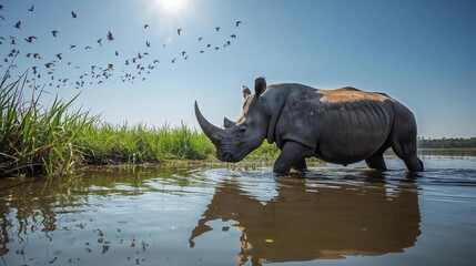 Fototapeta premium A one-horned rhinoceros walking through the Kaziranga wetlands