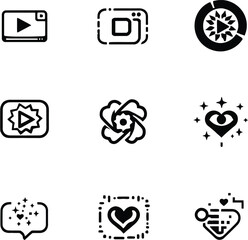 Collection of various black and white icons featuring play buttons hearts and flower shapes arranged neatly silhouette