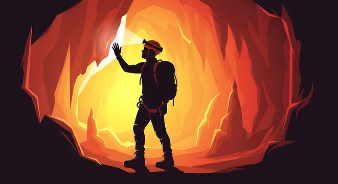 Silhouette of a spelunker exploring a glowing cave with a headlamp.
