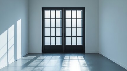 Obraz premium A minimalist room featuring a pair of large, black-framed doors letting in natural light, casting shadows on the smooth floor.