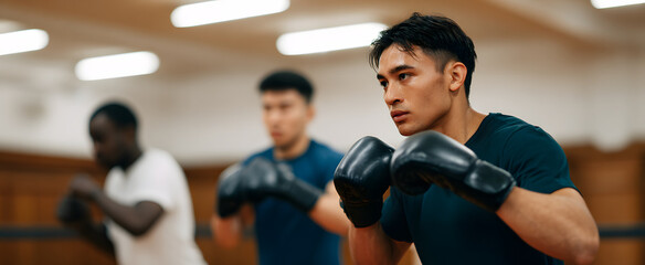 Boxing trainees engage in focused synchronized practice session inside a bright indoor gym