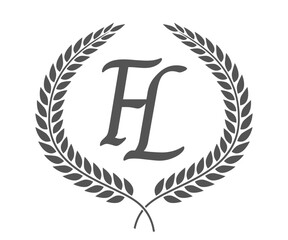 Initial letter F and L, FL monogram logo design with laurel wreath. Luxury calligraphy font.