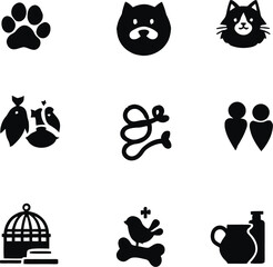 Collection of pet related icons including dog cat bird fish and accessories in black and white style silhouette