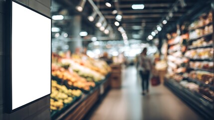 Photograph of grocery store produce aisle with blank digital advertising screen and fresh fruits.