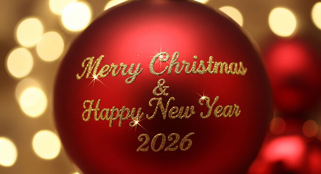 Festive Red Ornament with 'Merry Christmas & Happy New Year 2026' on a Bokeh Background