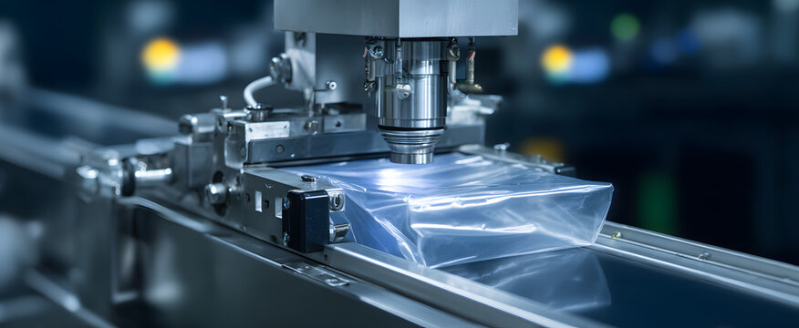 packing machine closing transparent plastic pouches in a factory setting