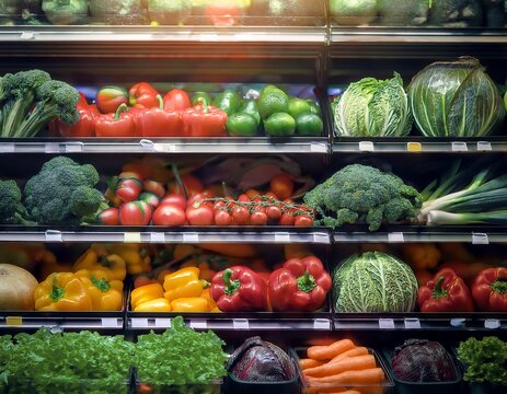 gorgious rows of fresh vegetables on shelf in supermarket