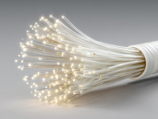 Obraz premium Makro ujęcie pęku lśniących, białych włókien światłowodowych wychodzących z białej osłony. Końcówki włókien emitują jasne, ciepłe światło.