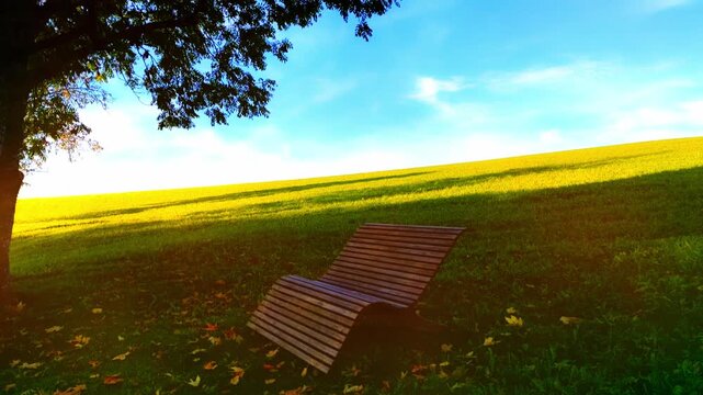 Gem&uuml;tliche Holzliege auf gr&uuml;ner Wiese im Schatten eines Baumes &ndash; perfekte Erholung und Entspannung im Garten, Natur genie&szlig;en, wohlf&uuml;hlen und relaxen in sommerlicher Naturidylle
