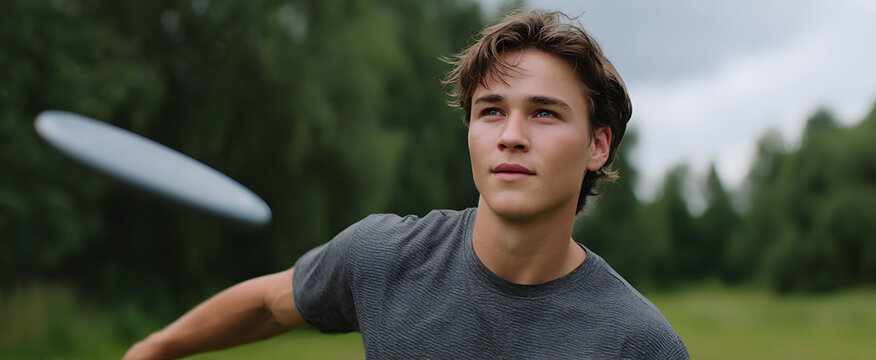The frisbee player in a sleek grey shirt in dynamic mid-throw motion