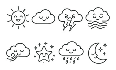 Cute weather icons: sun, clouds, storm, wind, star, moon illustrations