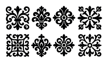 Elegant black floral patterns with symmetrical design elements on olive background