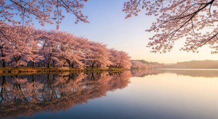 Obraz premium Cherry blossom trees reflected in calm water, clear sky, serene landscape