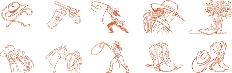 Western cowboy sketch icons collection featuring hats, boots, lassos, and horses. Rustic hand-drawn vintage line art in sepia tones. Perfect for rodeo, country, and ranch designs.