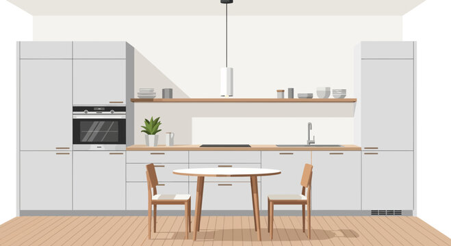 Modern kitchen interior with dining table and stylish cabinets, evoking a sense of home and culinary inspiration for design and real estate ventures