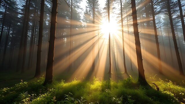 tyndall. Sunlight beams through morning forest mist creating light pillar effect. ESG reports, sustainability campaigns, designed for environmental awareness campaigns, used by professors.