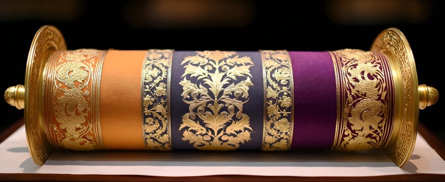 The ornate Torah scroll with vibrant decorative coverings shines during joyous Simchat Torah celebration.