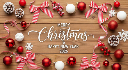 Merry Christmas and Happy New Year 2026 - Festive Decorations on a Wooden Background