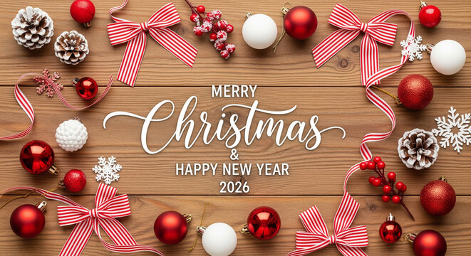 Merry Christmas and Happy New Year 2026 - Festive Decorations on a Wooden Background