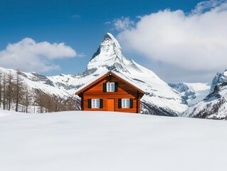Cabin in snowy valley below Matterhorn, cozy alpine retreat in winter