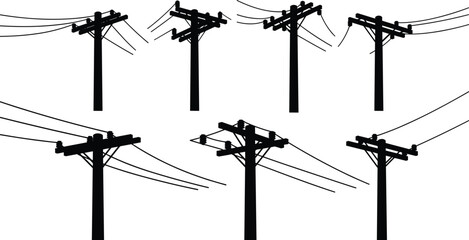 Electric utility poles with power transmission lines, black and white silhouette illustration showing electricity distribution, industrial network, and infrastructure design