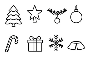Minimalistic christmas icons featuring tree, star, ornament, and gift box on dark background