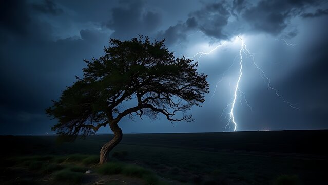 superego. A lone tree bent by strong winds during a stormy night with dramatic lighting. ESG reports, sustainability campaigns, designed for sustainability communications and ESG reporting.