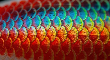 Close-up of iridescent scales with red, yellow, green, and blue hues, detailed texture