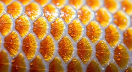 Close-up of orange and white reptile scales, wet with water droplets