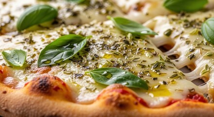 Close-up of pizza with melted cheese, basil, and herbs on a crispy crust